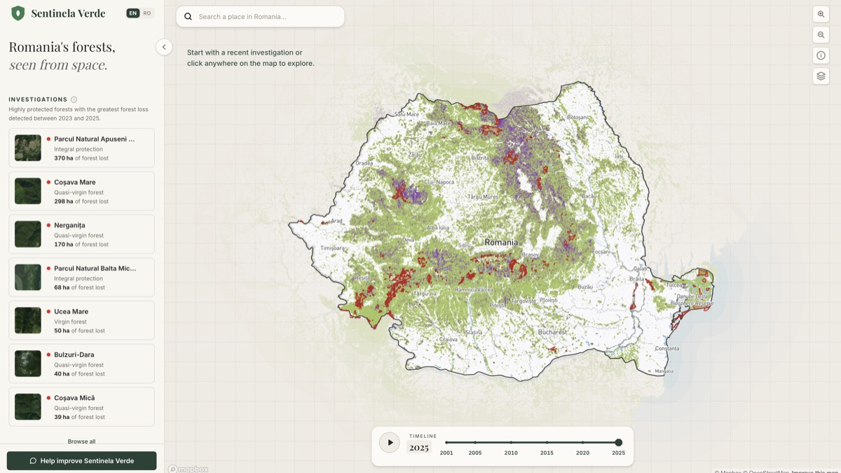 The Sentinela Verde map showing forest cover and loss across Romania, with a bilingual English/Romanian toggle