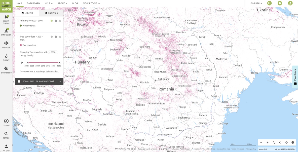 Global Forest Watch showing tree-cover loss across Romania