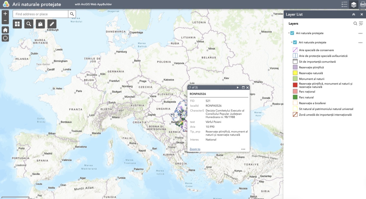 The Romanian Ministry of Environment protected-areas viewer