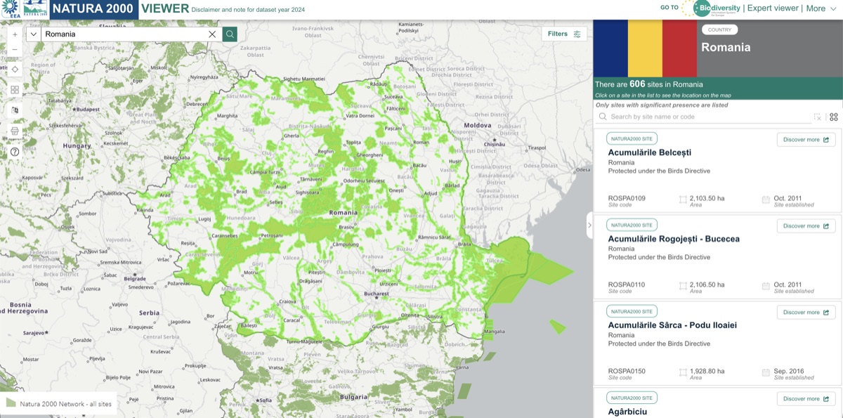 The Natura 2000 viewer showing protected sites across Romania